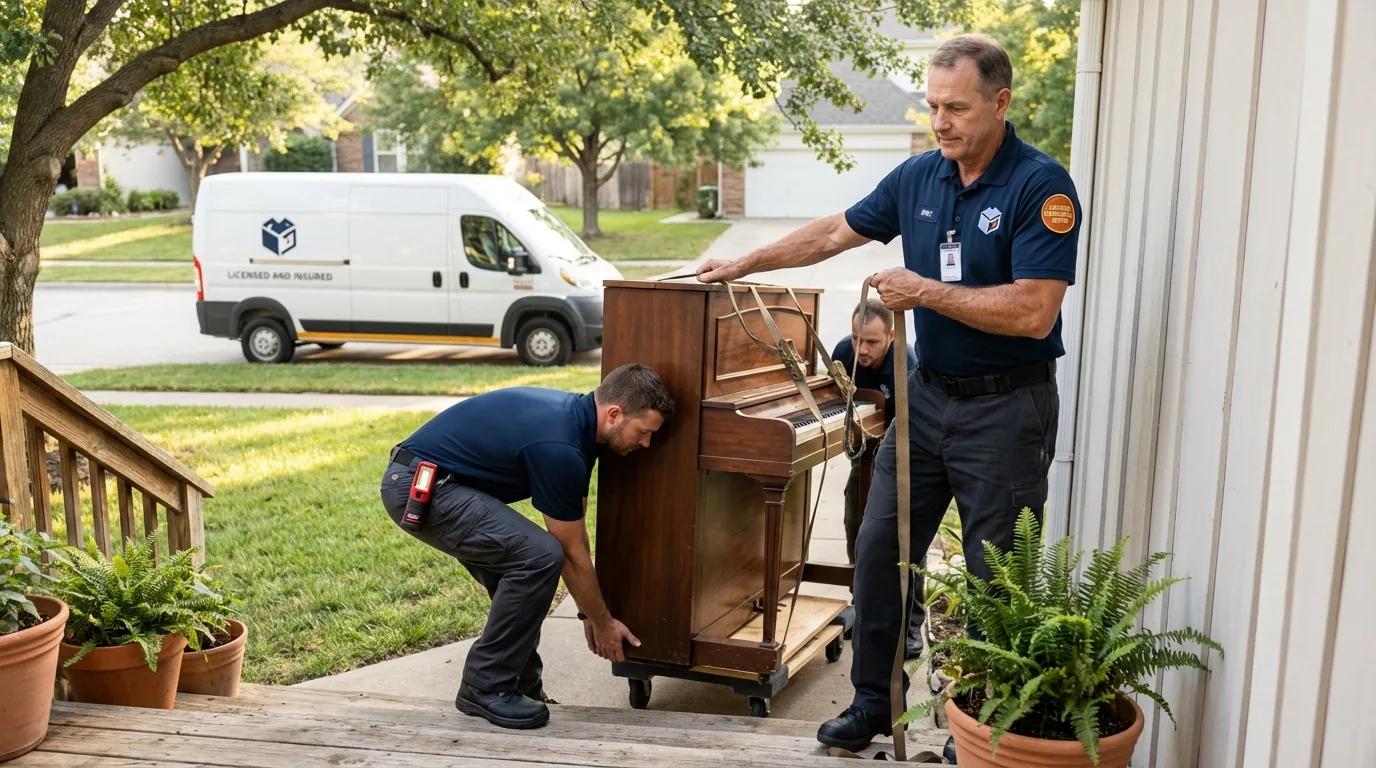 Licensed piano movers securing grand piano in Pinetops, NC
