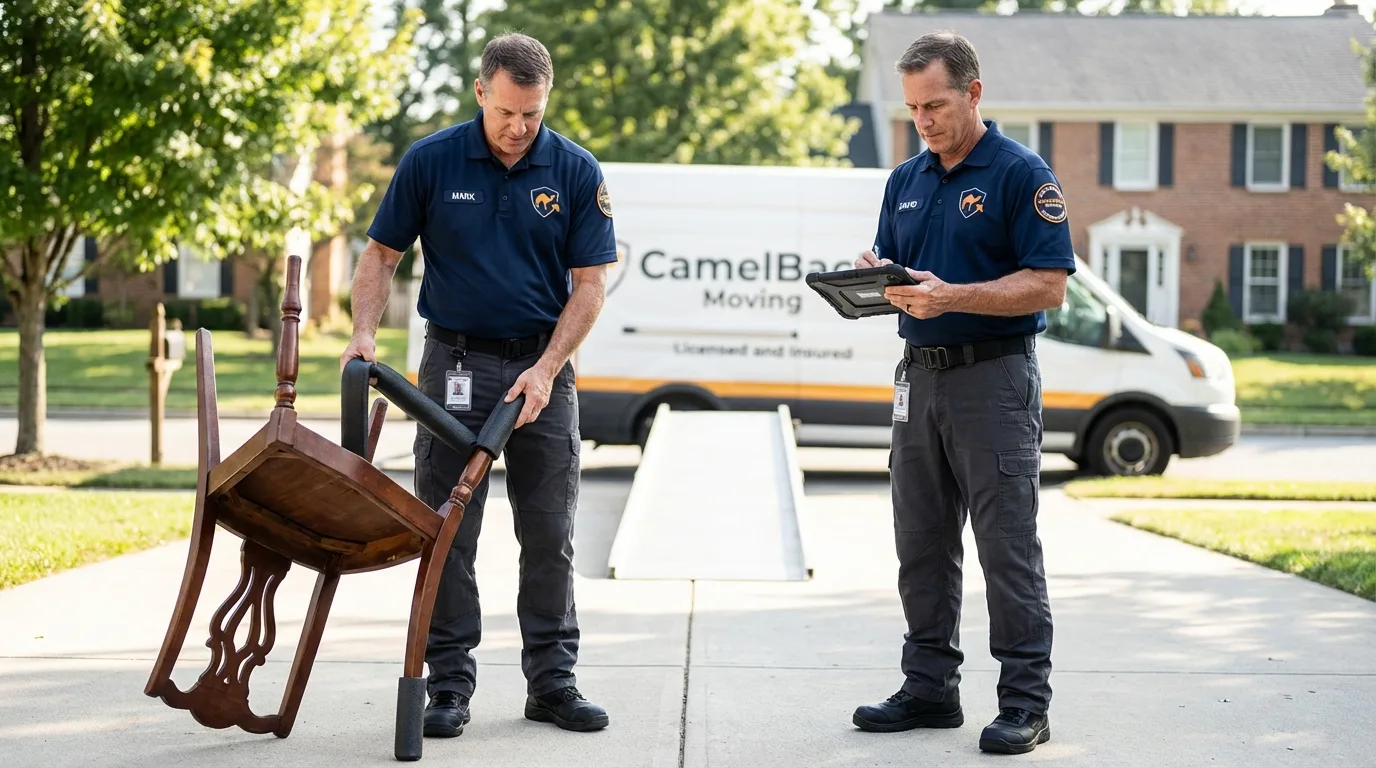 Movers inspecting furniture for damage prevention before loading in Pinetops, NC