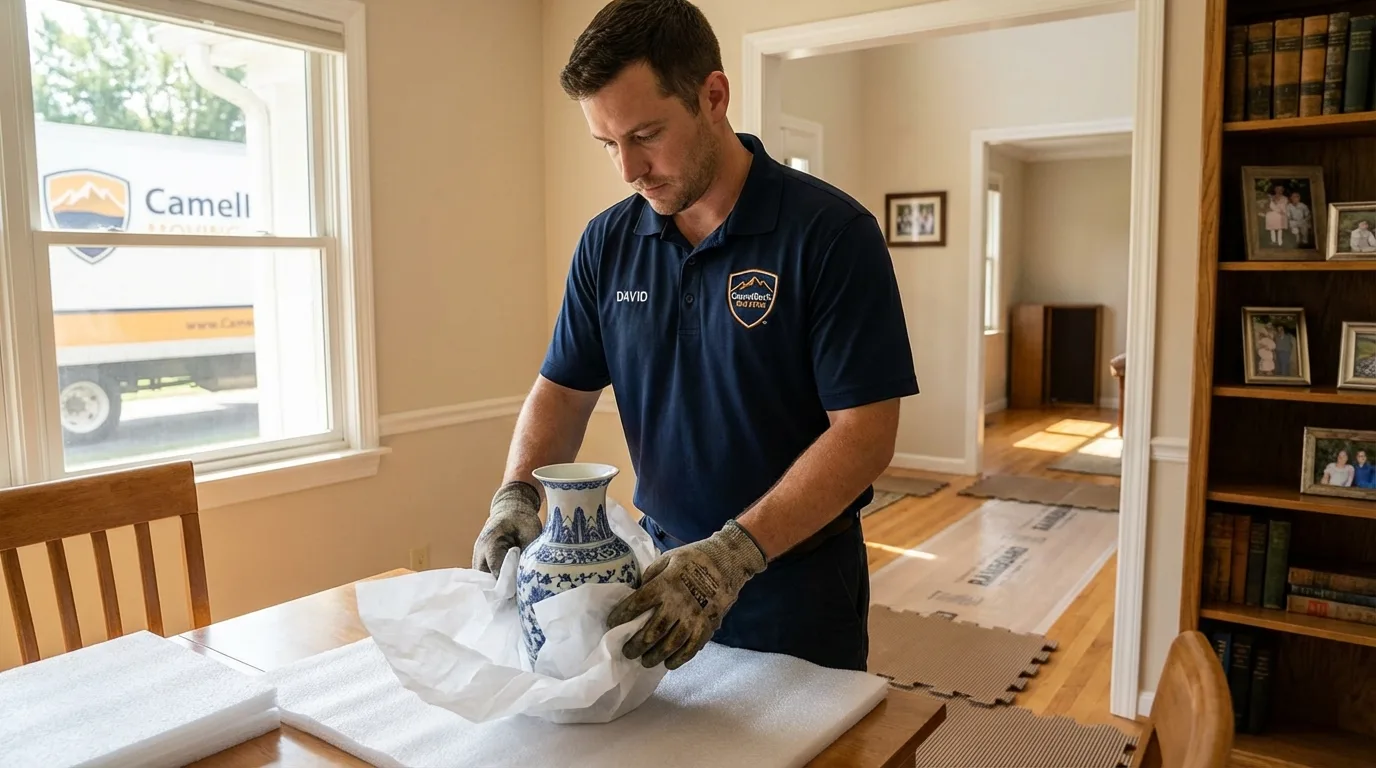 Professional crew carefully wrapping antique vase for senior downsizing move in Pinetops, NC